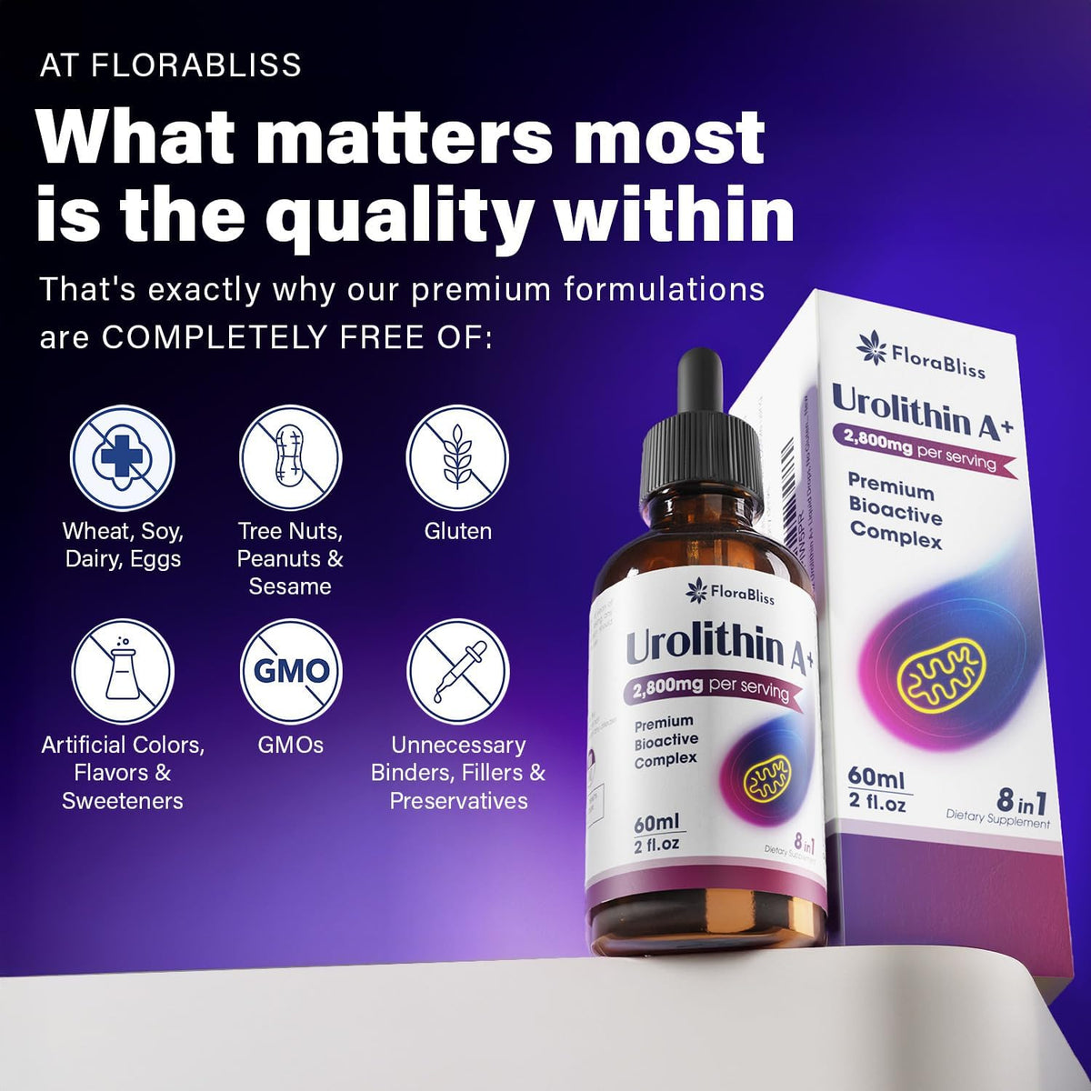 Urolithin A Supplement 2800 mg Liquid Drops | with Trans-Resveratrol, Collagen Peptides, Pomegranate Extract, Hyaluronic Acid, Vitamin E & C