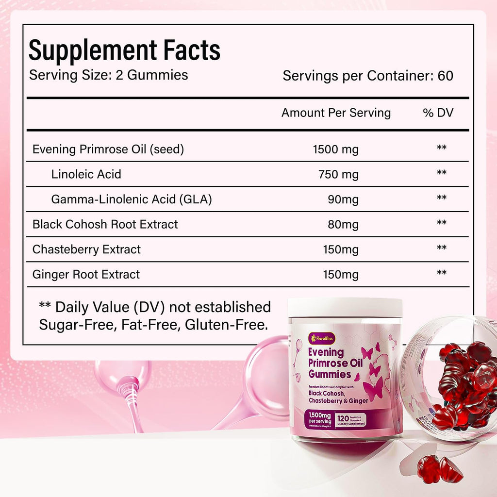 Evening Primrose Oil Gummies | 1500mg | with Black Cohosh, Chasteberry, Ginger Extract for Daily Women's Wellness Support