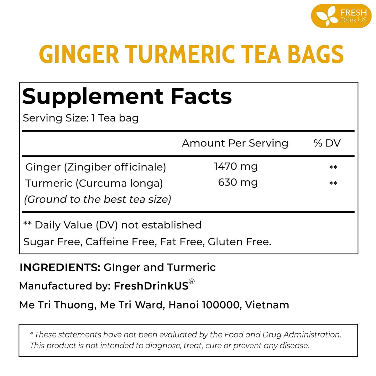 Premium Ginger Turmeric Tea Bags, Hand-made Blend of Ginger and Turmeric Herbal Tea, Eco-conscious Tea Bags. No Sugar, No Caffeine, No Gluten, Vegan.