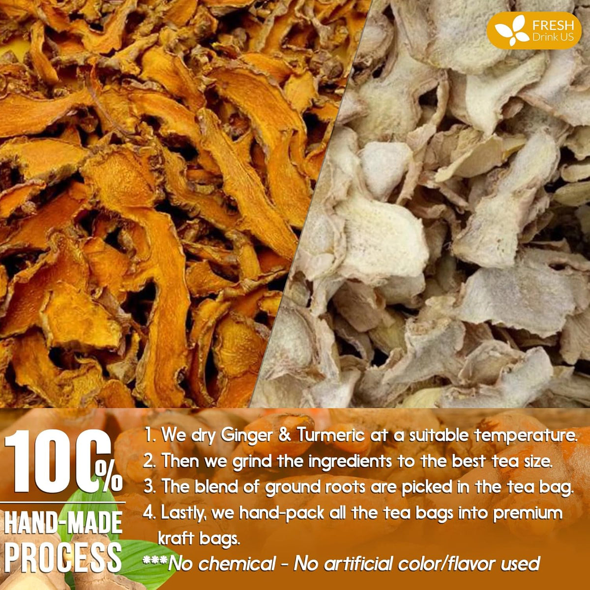 Premium Ginger Turmeric Tea Bags, Hand-made Blend of Ginger and Turmeric Herbal Tea, Eco-conscious Tea Bags. No Sugar, No Caffeine, No Gluten, Vegan.