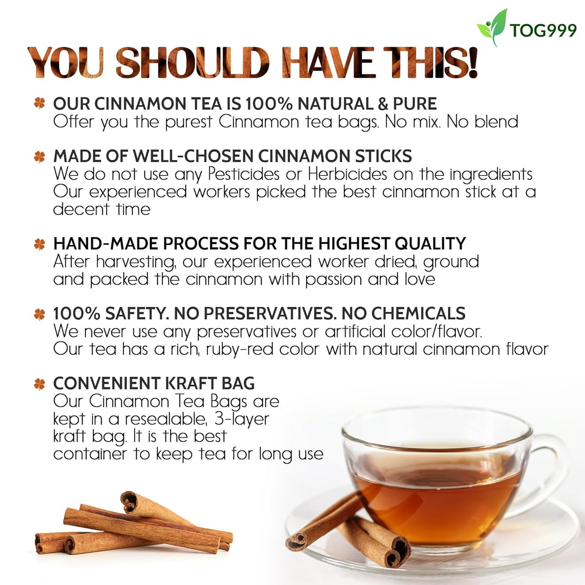 Pure Cinnamon Tea, 100% Natural & Pure Cinnamon. Cinnamon Herbal Tea. Cinnamon Stick Herbal Spice Tea. No Sugar, No Caffeine, No Gluten, Vegan.