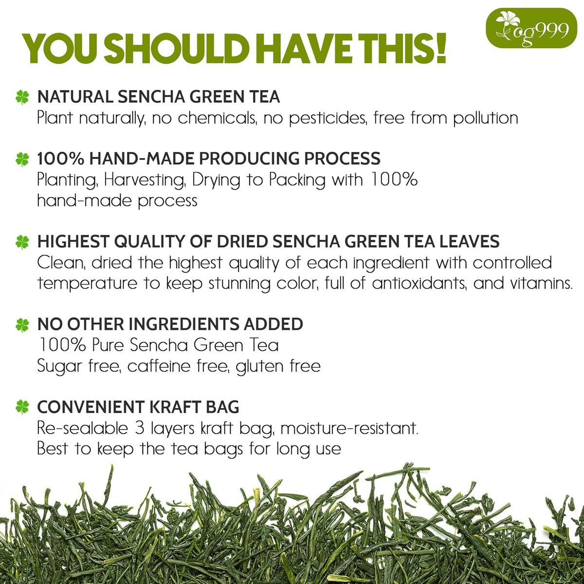 Premium Sencha Green Tea Bags, 100% Natural & Pure from Sencha Green Tea Leaves