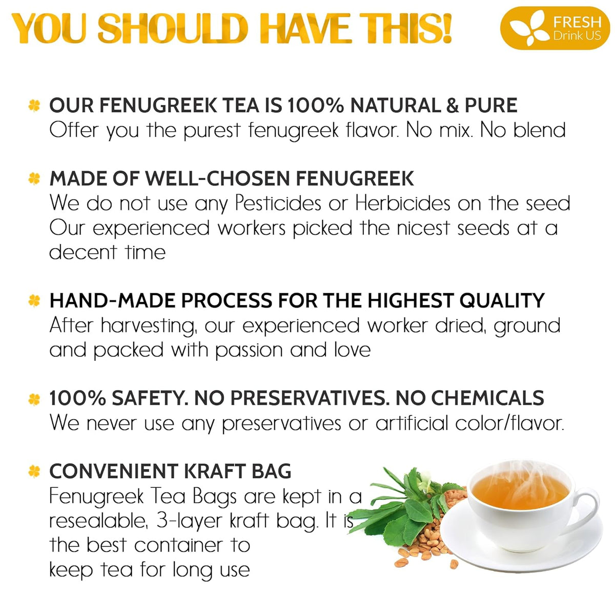 Premium Fenugreek Tea Bags. No Sugar, No Caffeine, No Gluten, Vegan. (30 Tea Bags)