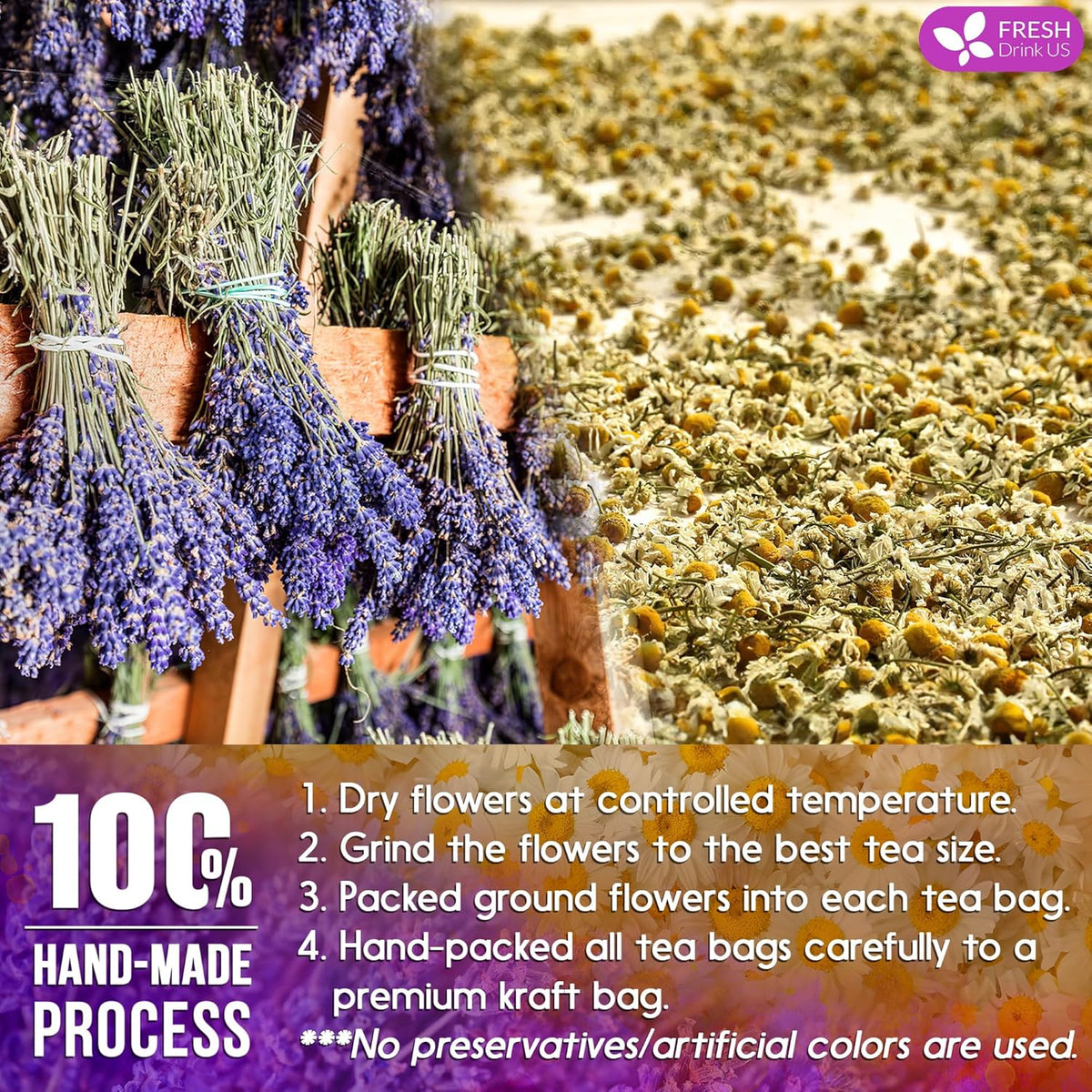 Premium Chamomile Lavender Tea Bags, Eco-conscious Tea Bags. No Sugar, No Caffeine, No Gluten, Vegan.