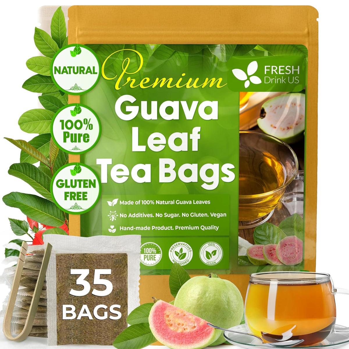 Natural Guava Leaves, Whole Dried Leaves, Cut-and-Sifted Guava leaves, 100% Pure from Guava Leaves, Natural Guava Loose Leaf Herbal Tea, No Additives, No Caffeine, Vegan